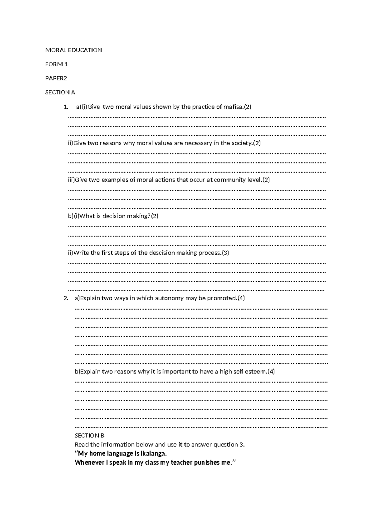 Moral form 1 paper 2 - Try - MORAL EDUCATION FORM 1 PAPER SECTION A a ...