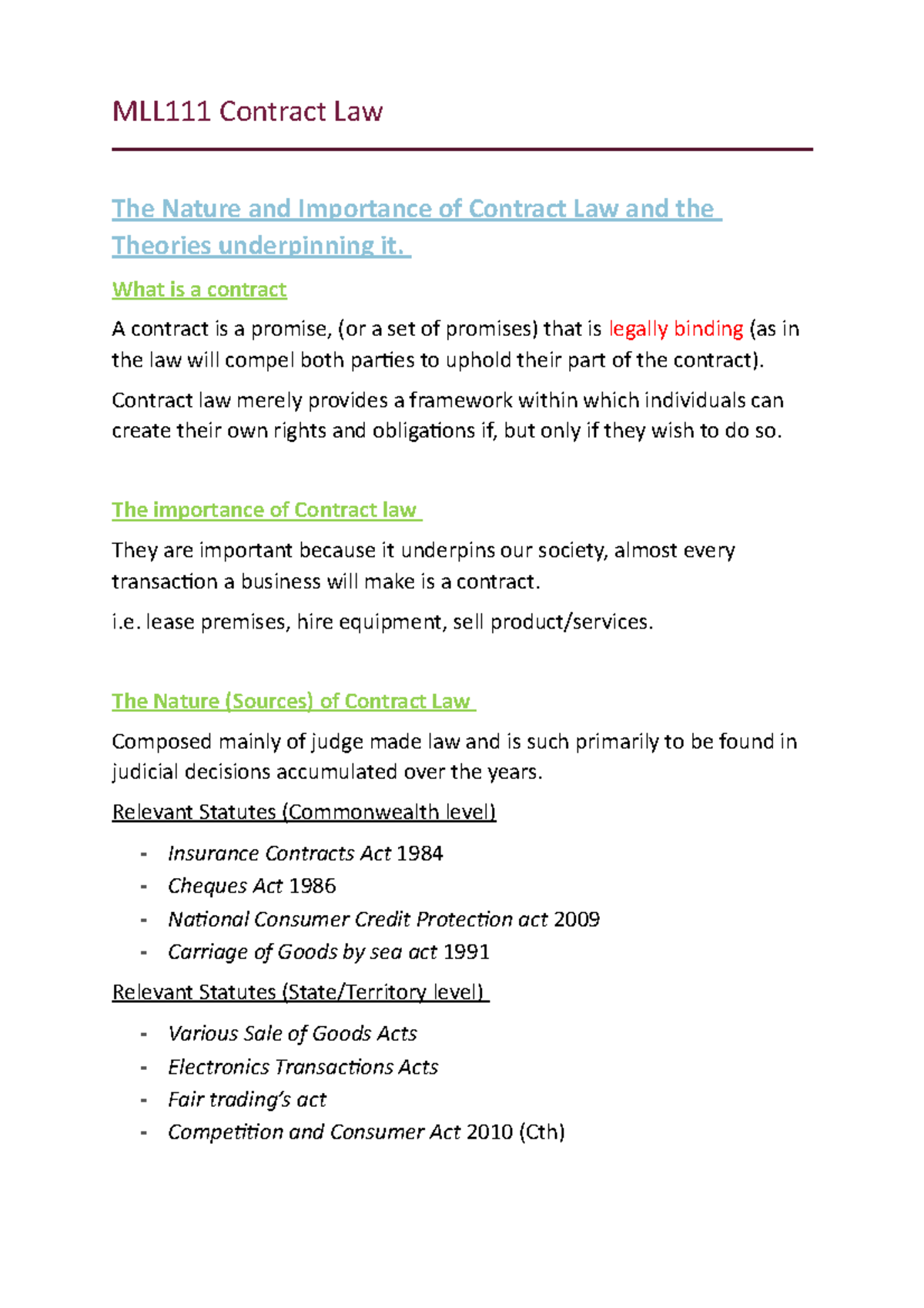 MLL111 Contract Law - Notes - MLL111 Contract Law The Nature and ...