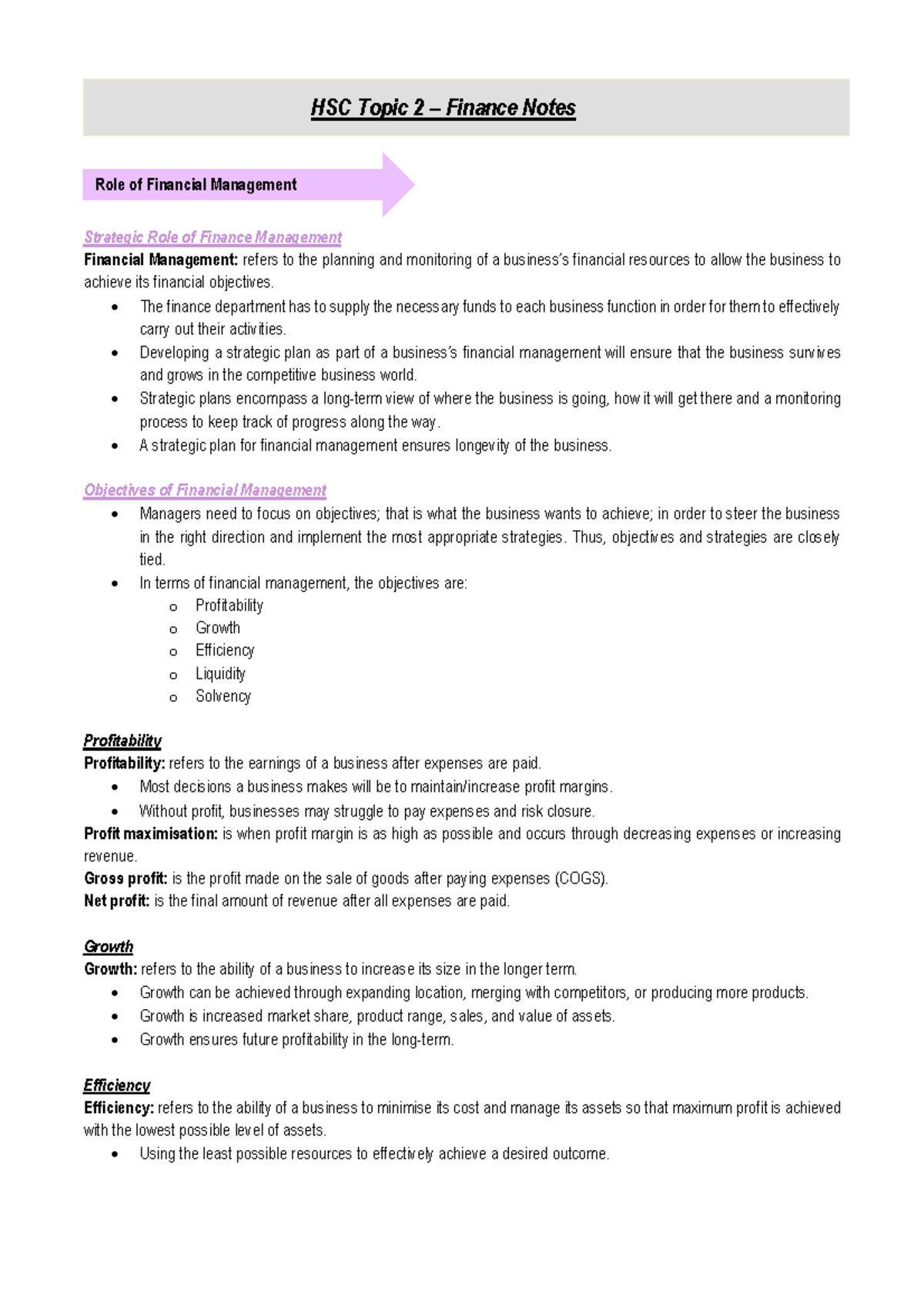 Topic 2 - Finance Notes - business - Strategic Role of Finance ...