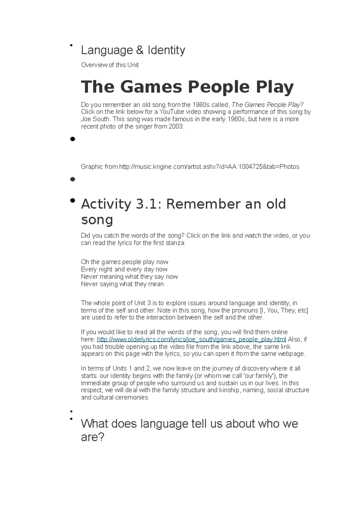 Language - AFL1501 GUIDING NOTES - #######  Language &amp; Identity  Overview of this Unit The Games - StuDocu