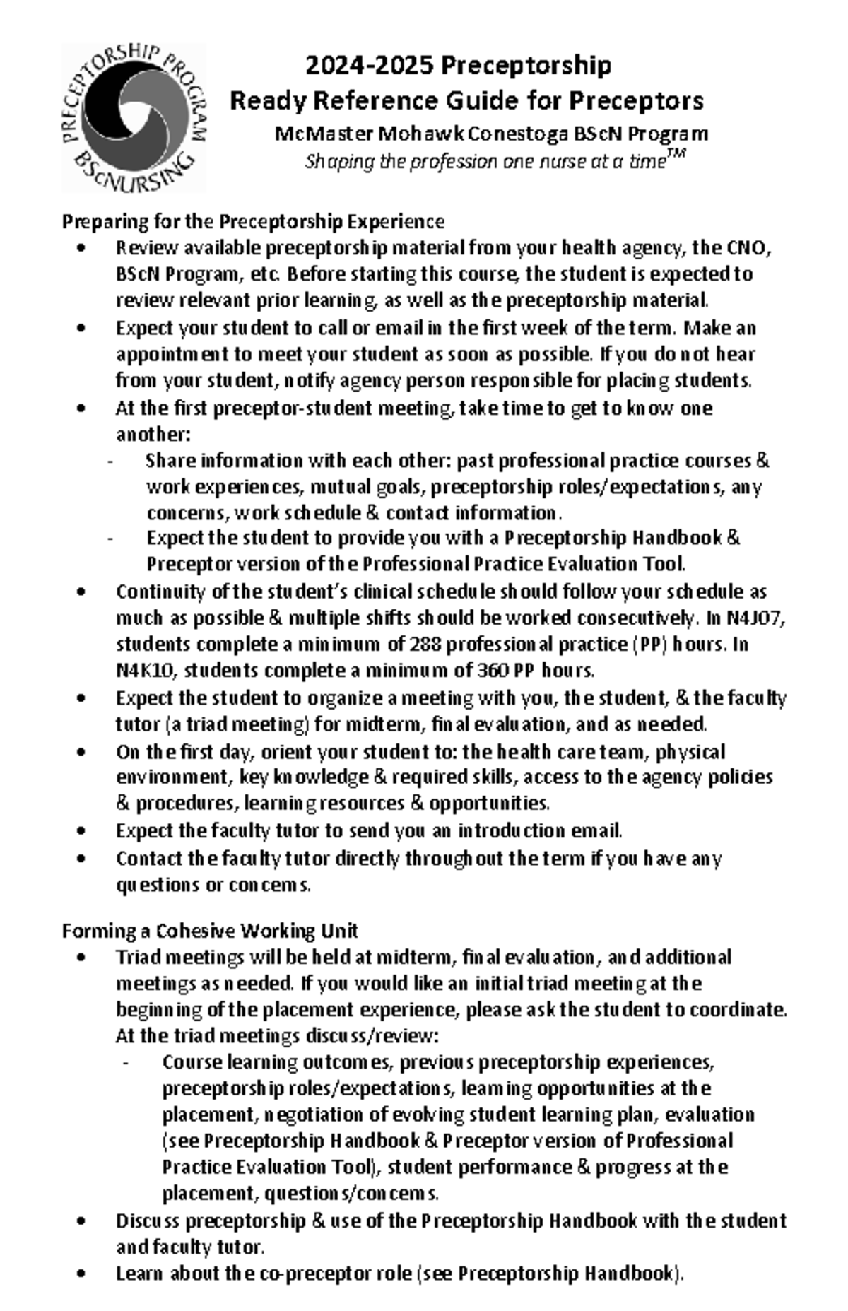 2024-2025 BSc N Preceptorship Ready Reference Guide for Preceptors ...