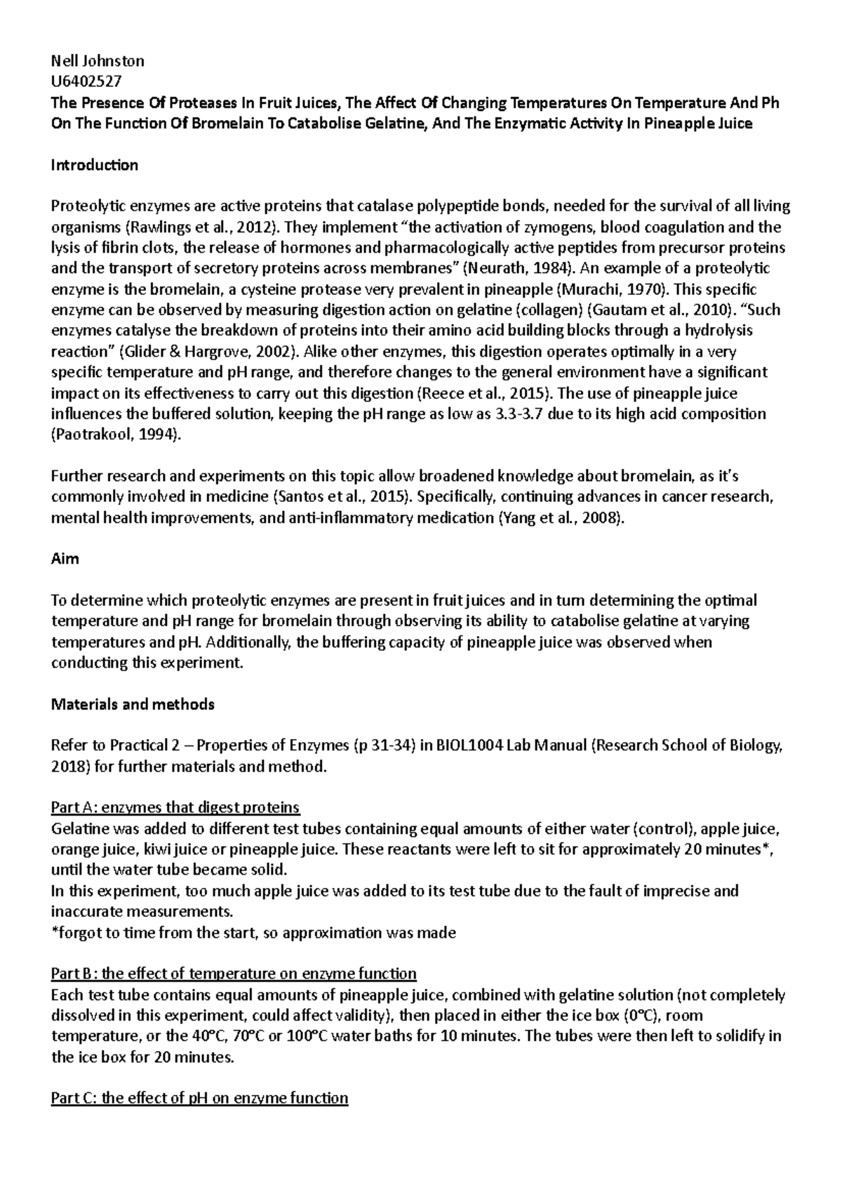 Enzyme Function Lab Report (2) Nell Johnston U6402527 The Presence Of