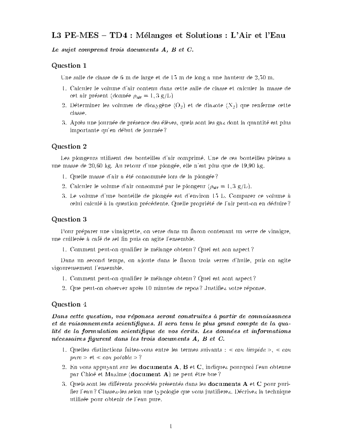 TD4 - Air et Eau - physique chimie - L3 PE-MES – TD4 : M ́elanges et ...