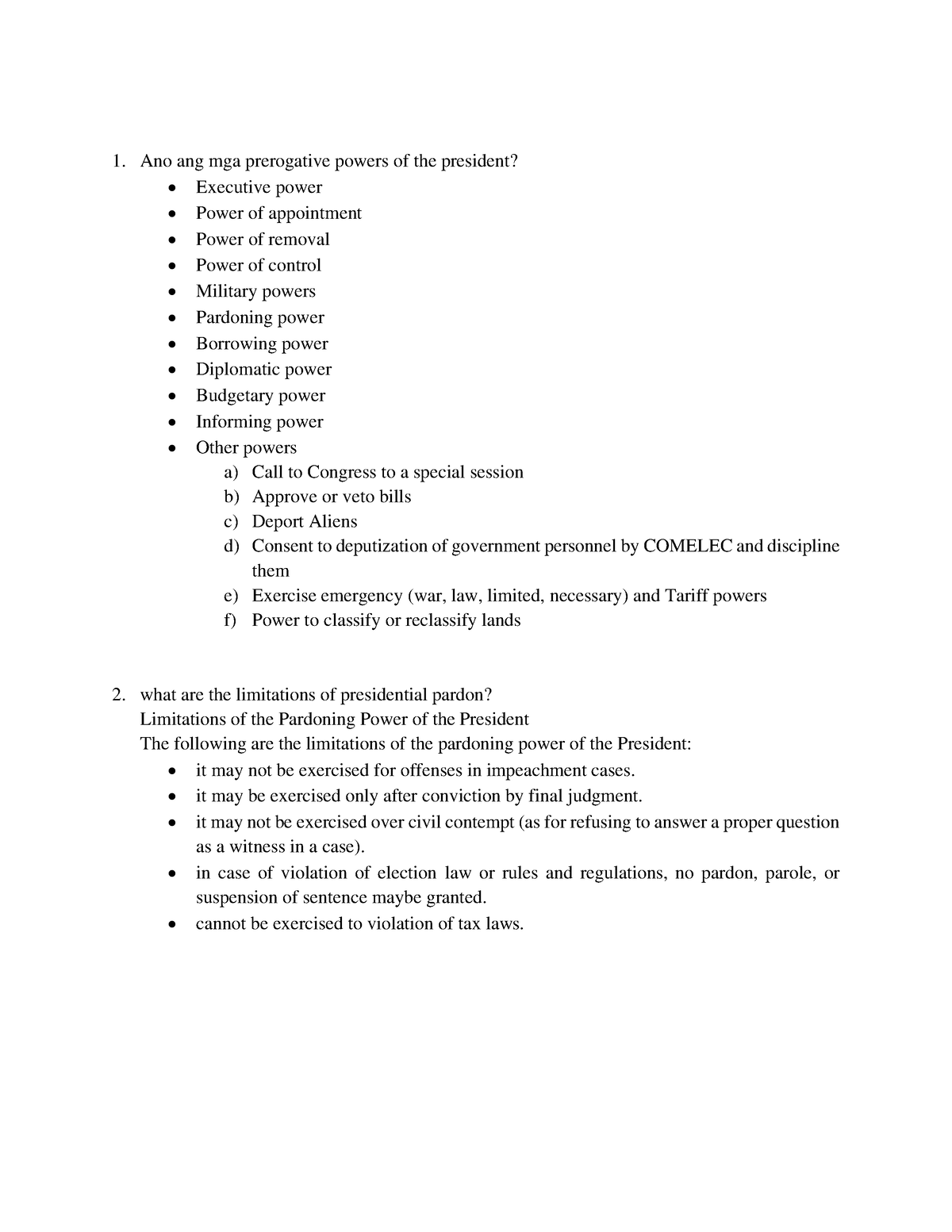 quiz2-ano-ang-mga-prerogative-powers-of-the-president-executive