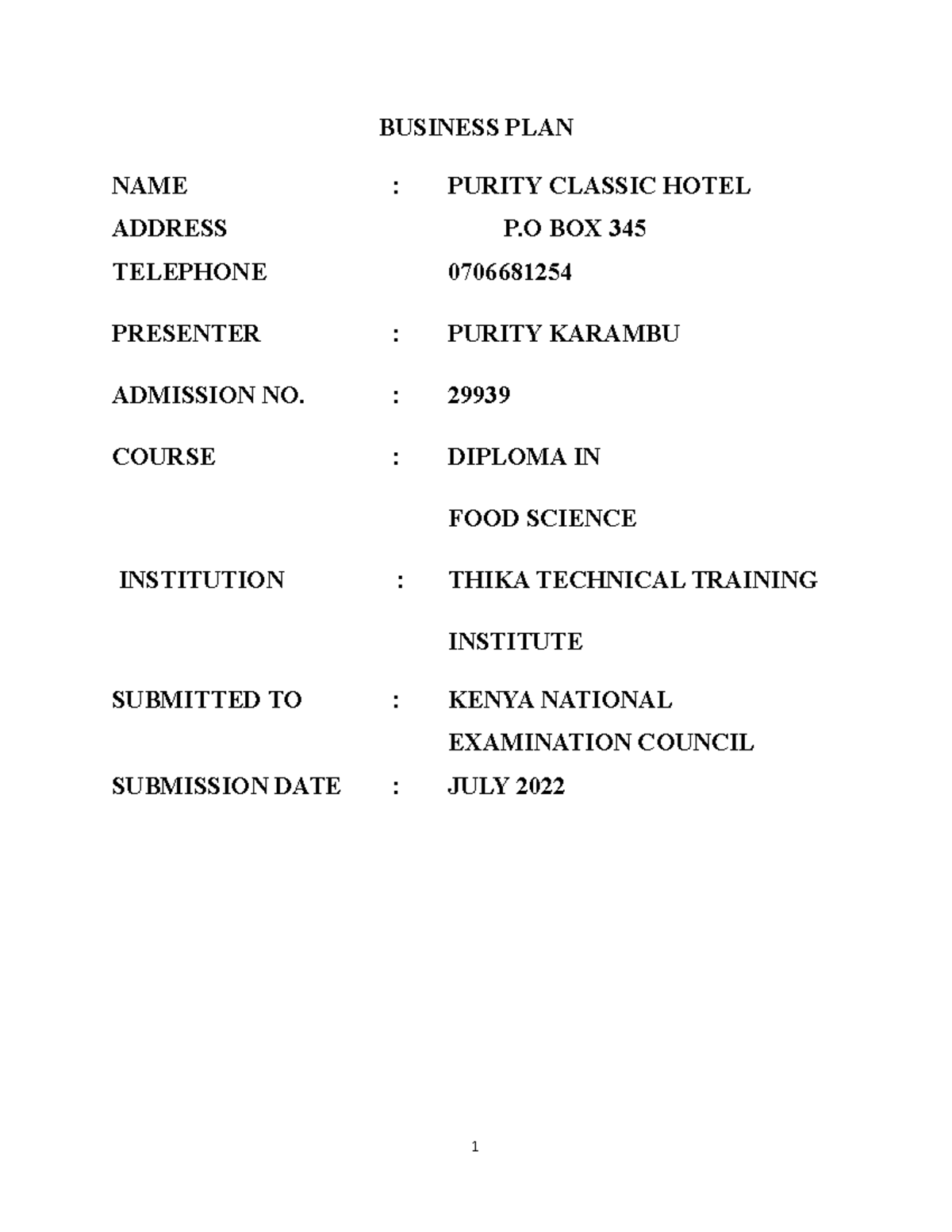 2071011804(whole business) hotel - BUSINESS PLAN NAME : PURITY CLASSIC ...
