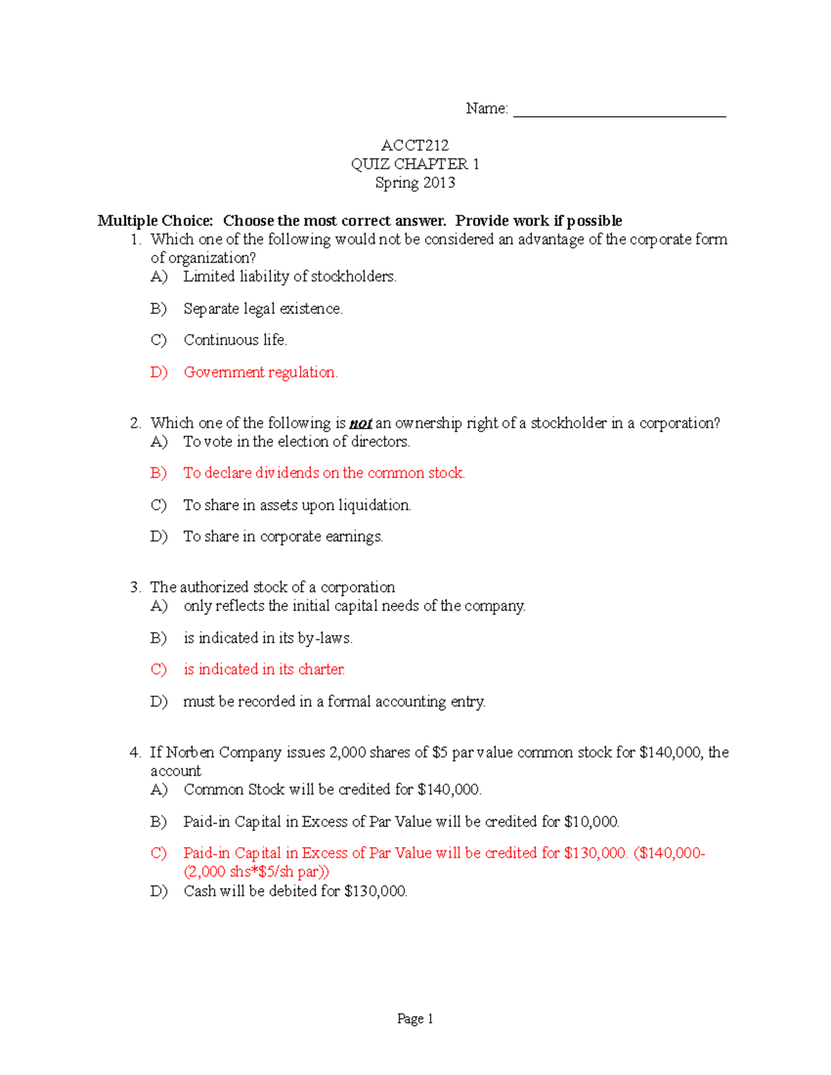 Answer To Quiz 1 ACTT 212 - Name: __________________________ ACCT QUIZ ...