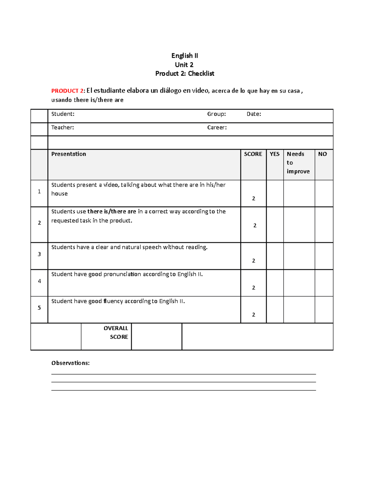 Ingles II U2 Producto 2 Checklist - English II Unit 2 Product 2 ...