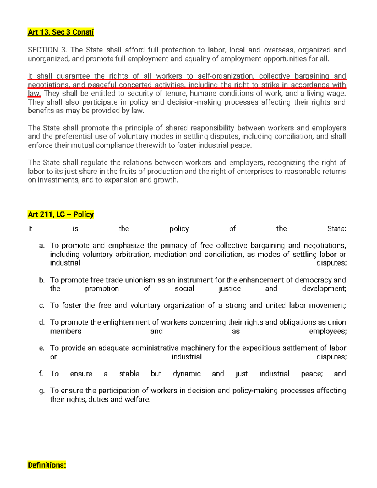 Labor Law Notes - Art 13, Sec 3 Consti SECTION 3. The State shall ...