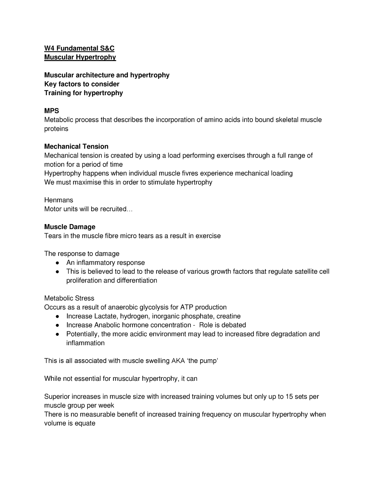 W4 Fundamental SC W4 Fundamental S&C Muscular Hypertrophy Muscular