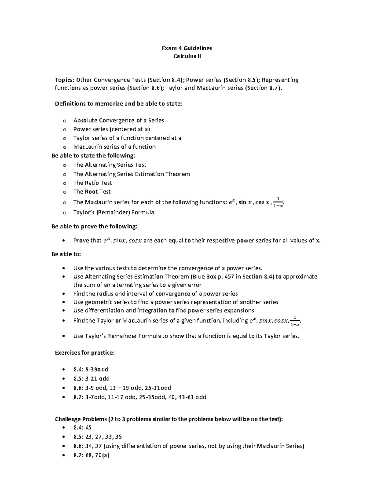 Calculus 2 Exam 4 Guidelines - Exam 4 Guidelines Calculus II Topics ...