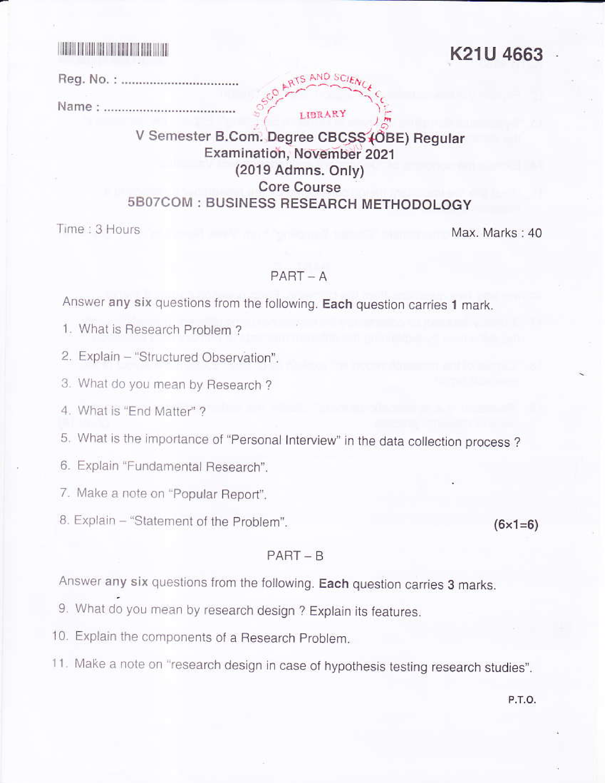 Business Research Methodology 21 - I Fl J T Lt It K U 4663 (6x1=6) V ...