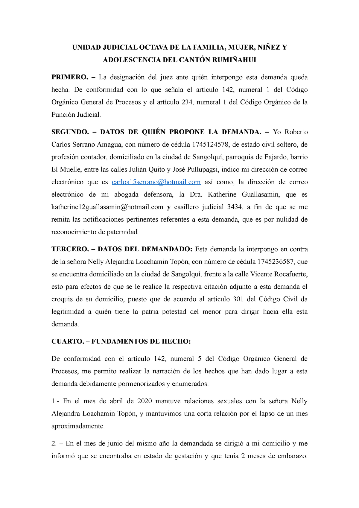 Demanda de Nulidad de Reconocimiento de Paternidad con la legislación  ecuatoriana. - UNIDAD JUDICIAL - Studocu