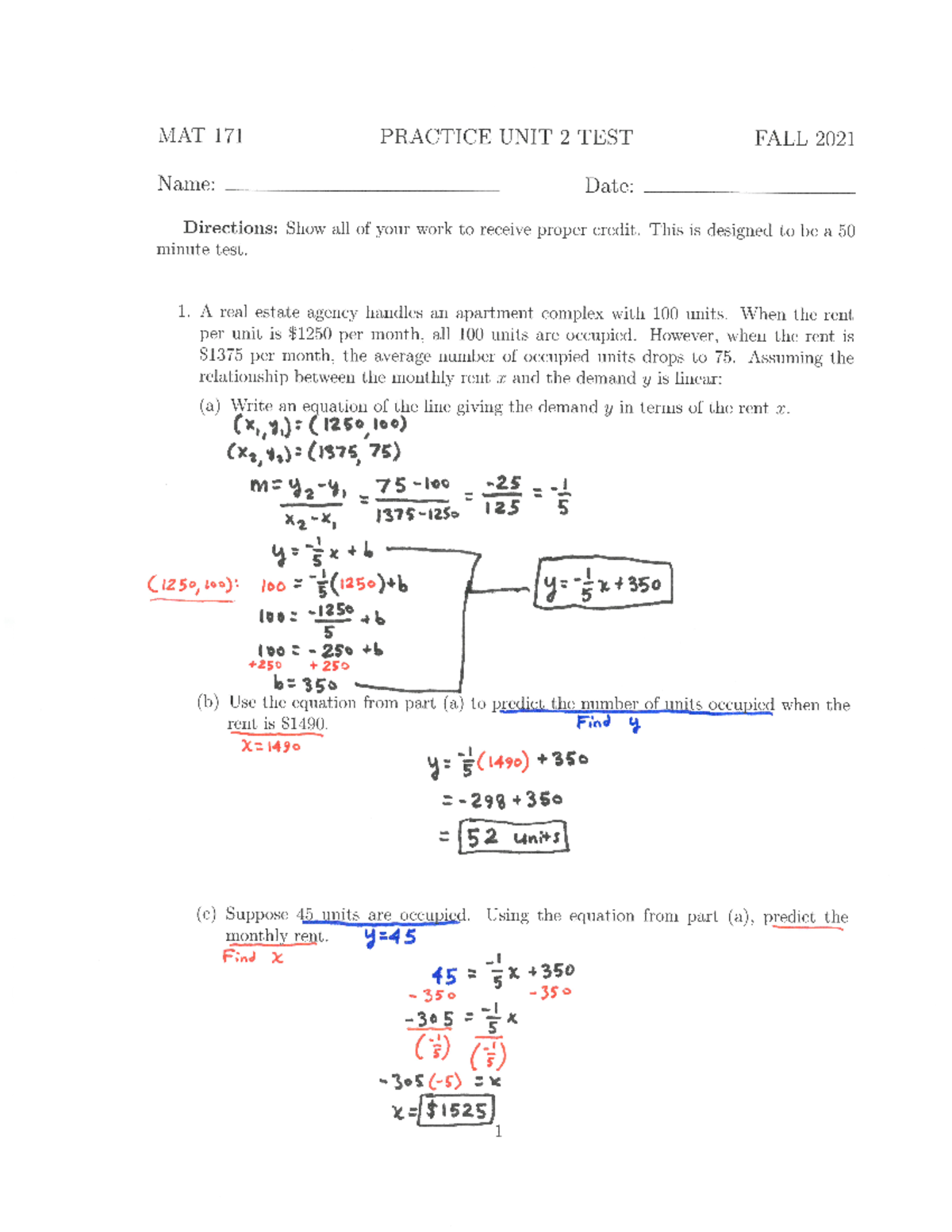 MAT 171 Practice Unit 2 Test Solutions - CHT 3123 - Studocu