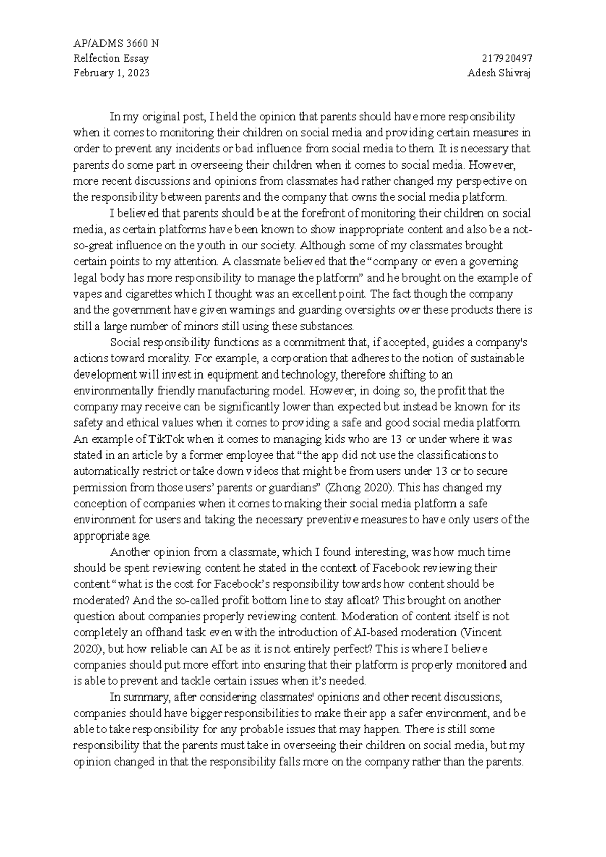 3660 Reflection Essay - AP/ADMS 3660 N Relfection Essay 217920497 ...