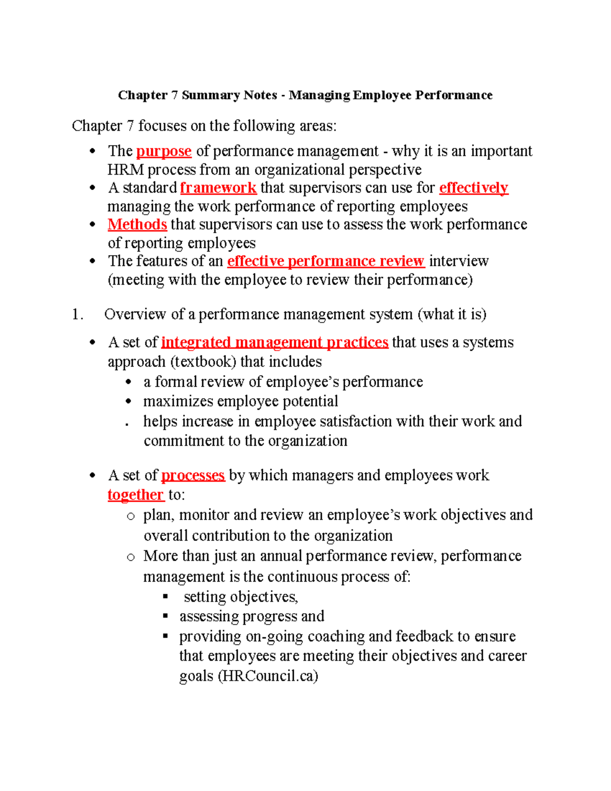 Chapter 7 Performance Management - Chapter 7 Summary Notes - Managing ...