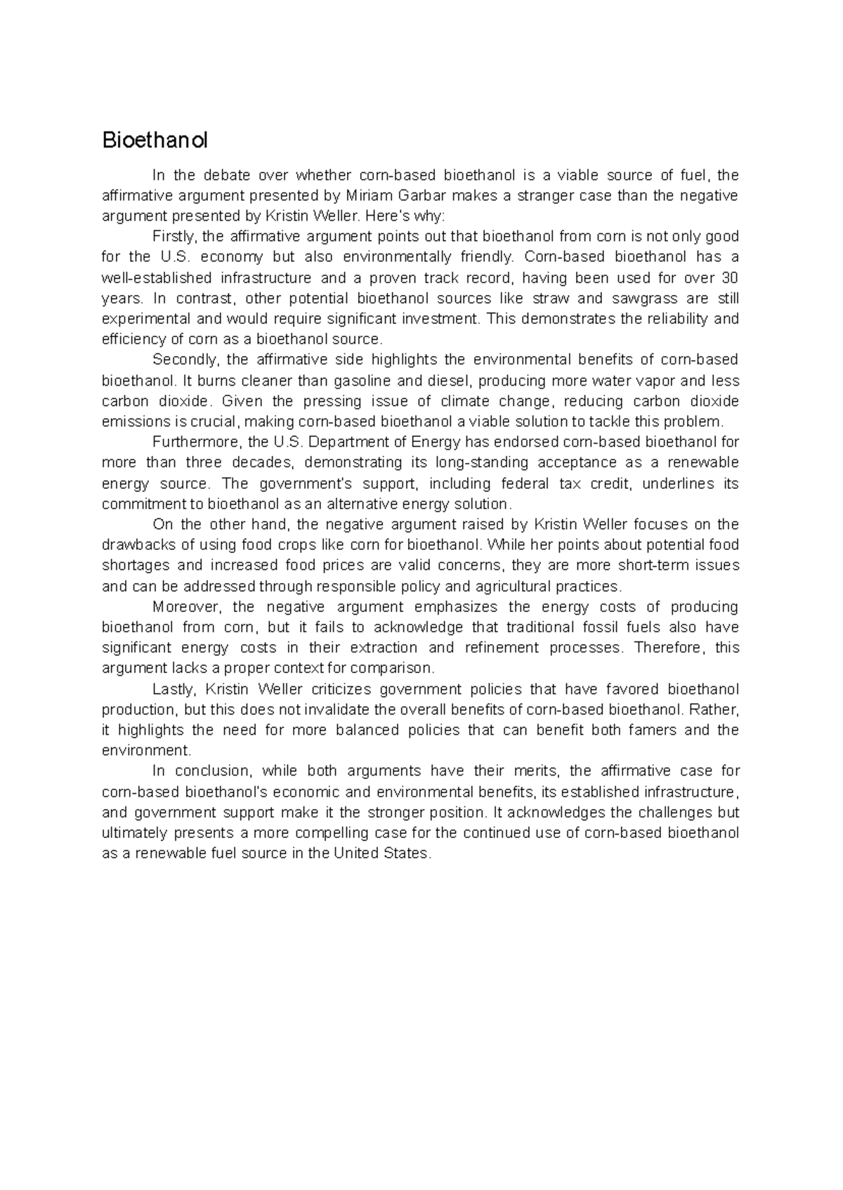 Bioethanol - practice test - Bioethanol In the debate over whether corn ... image.