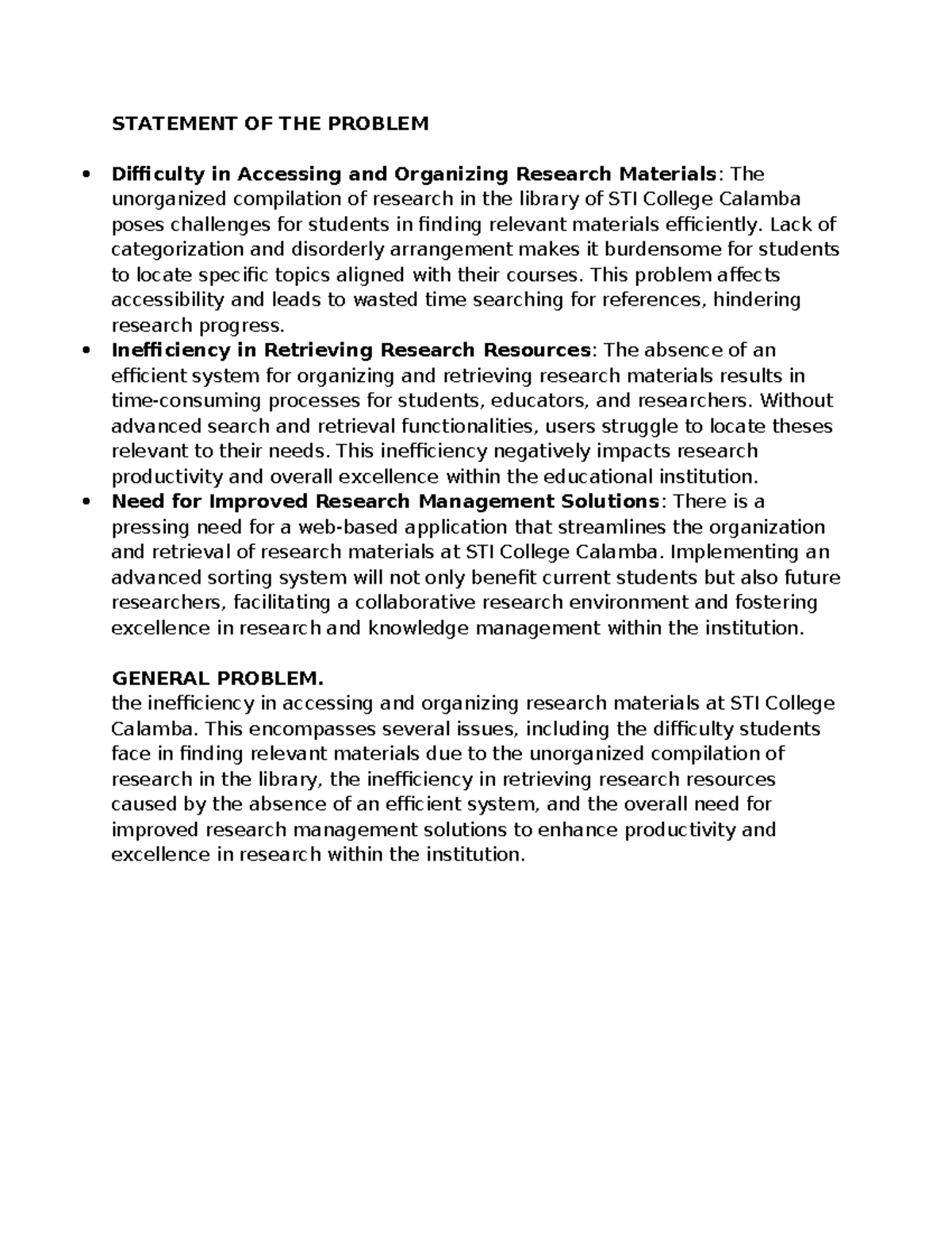 SOP Title 1 - CAPSTONE - STATEMENT OF THE PROBLEM Difficulty in ...