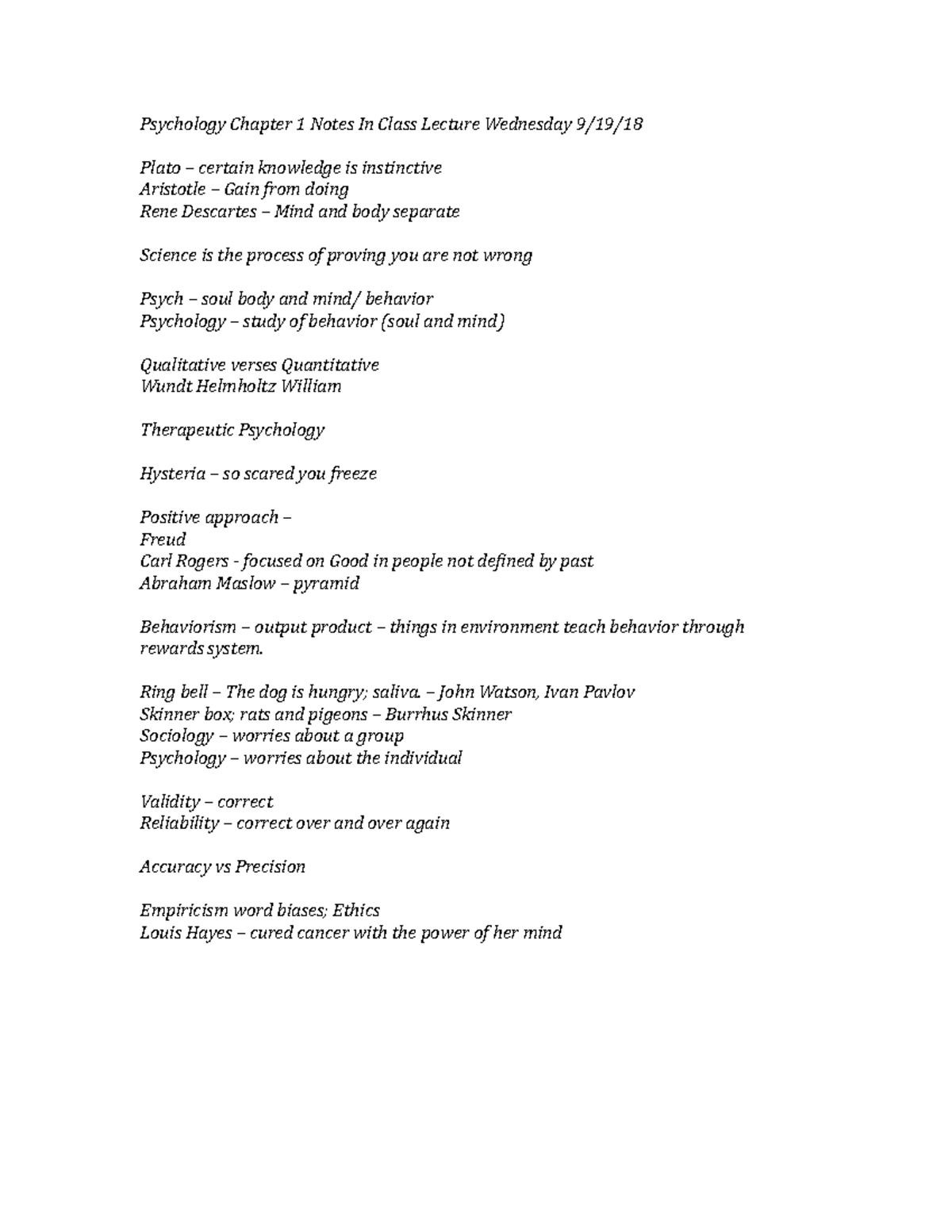 Psychology Ch1 Notes - Psychology Chapter 1 Notes In Class Lecture ...