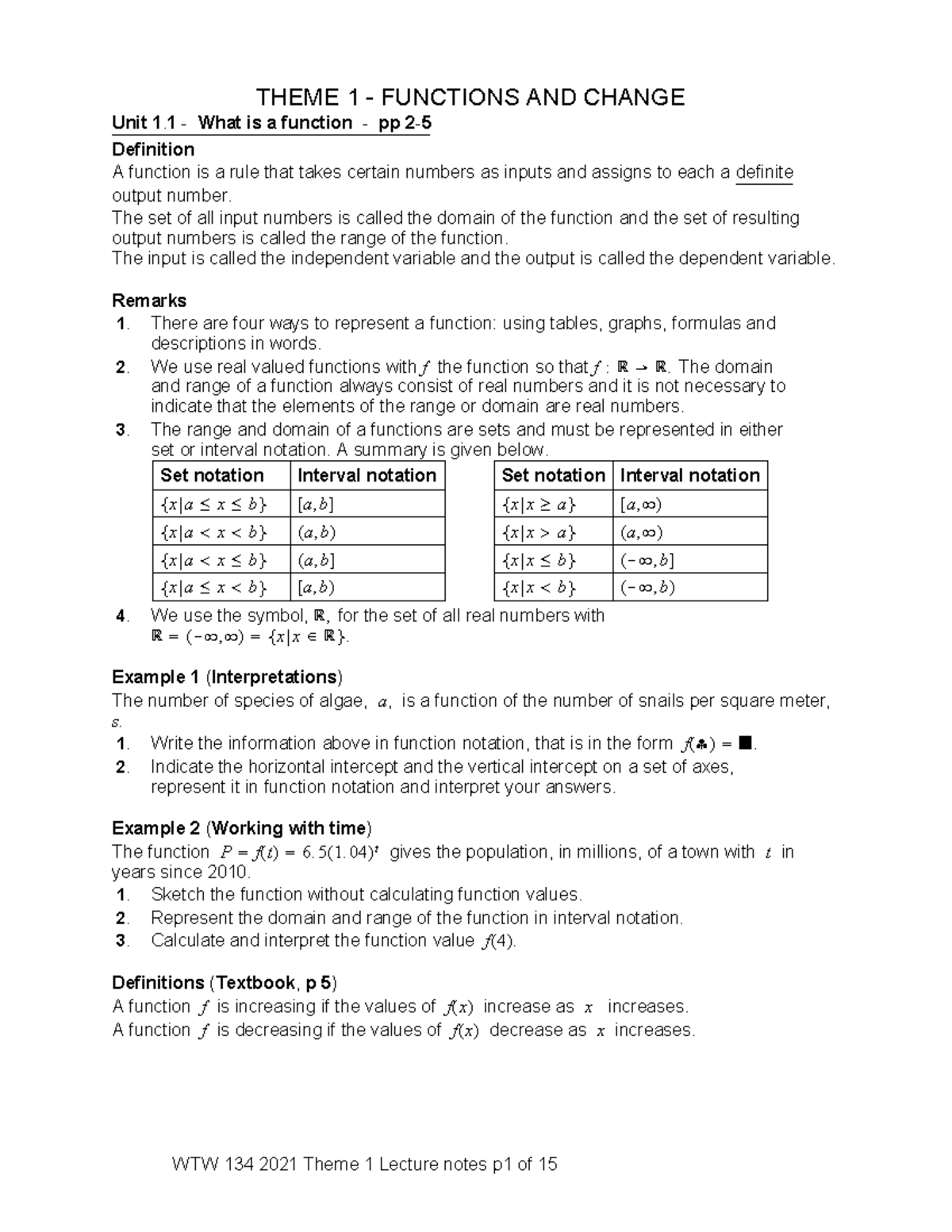 WTW 134 Lecture Notes Theme 1 - THEME 1 - FUNCTIONS AND CHANGE Unit 1 ...