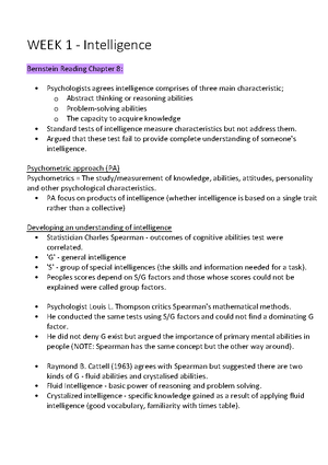 Psyc 101 lecture notes - Psych 101 Week 1 & 2 – Intelligence What is ...
