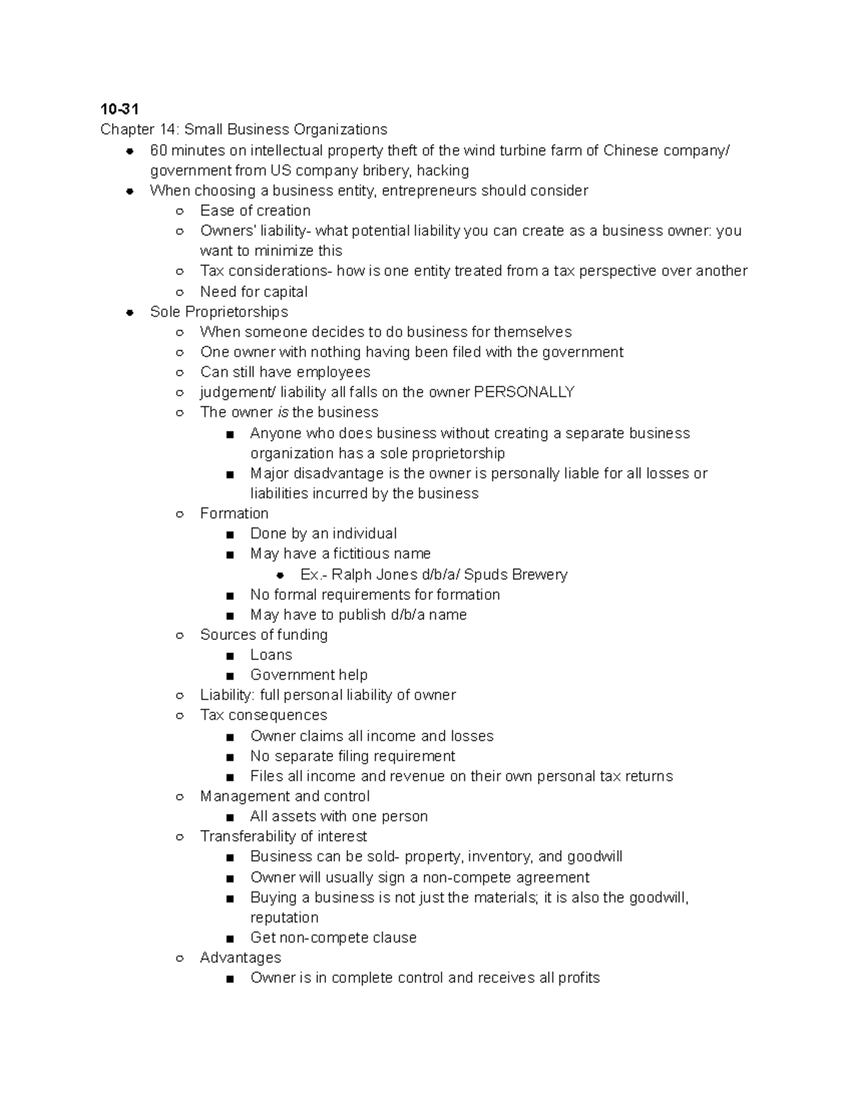 BLAW Test 4 Notes- Ch. 14, 15, 16, 17 - 10- Chapter 14: Small Business ...