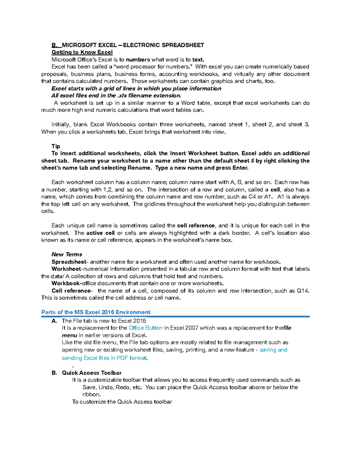 Micros OFT Excel Handout - B. MICROSOFT EXCEL—ELECTRONIC SPREADSHEET ...