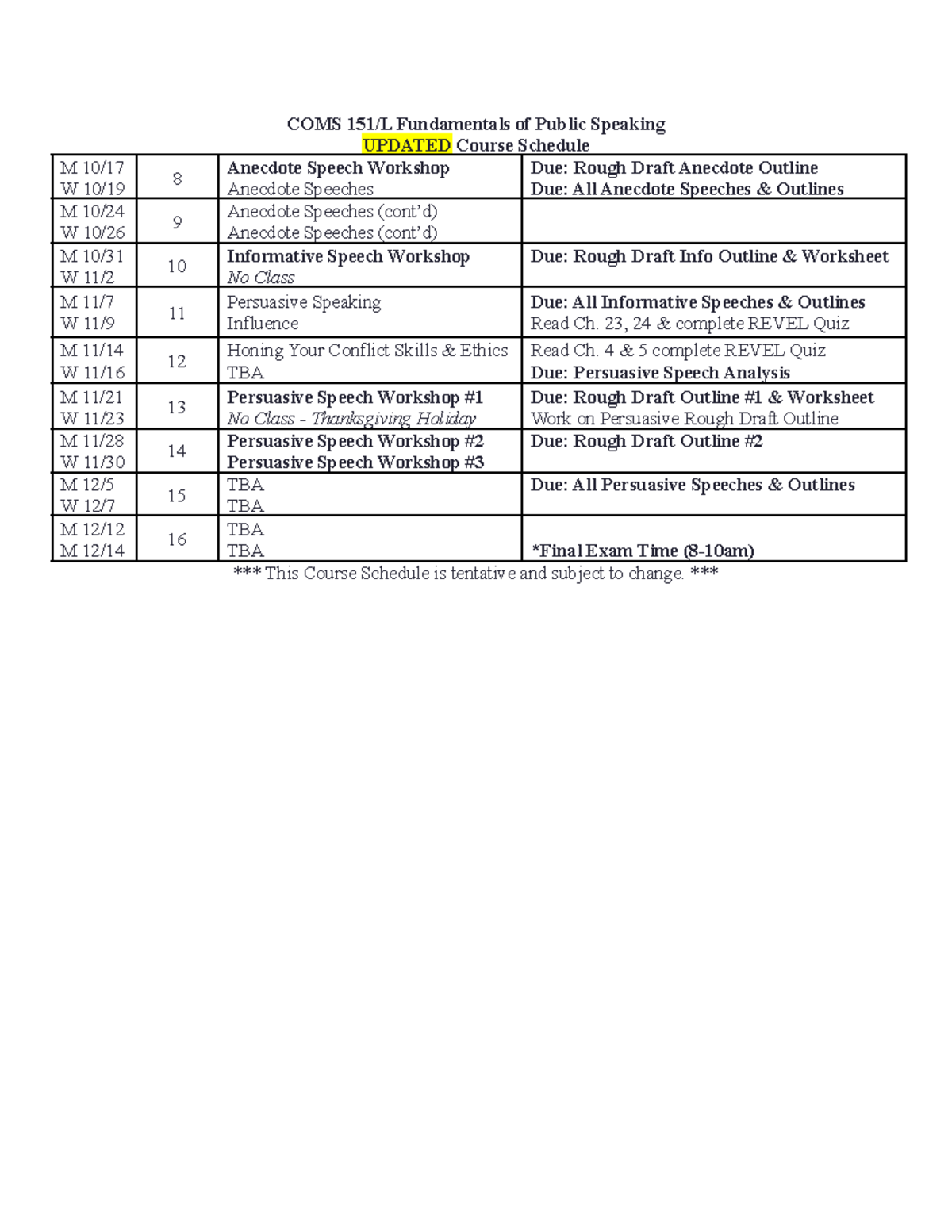 COMS 151 L Updated course schedule FA22 - COMS 151/L Fundamentals of ...
