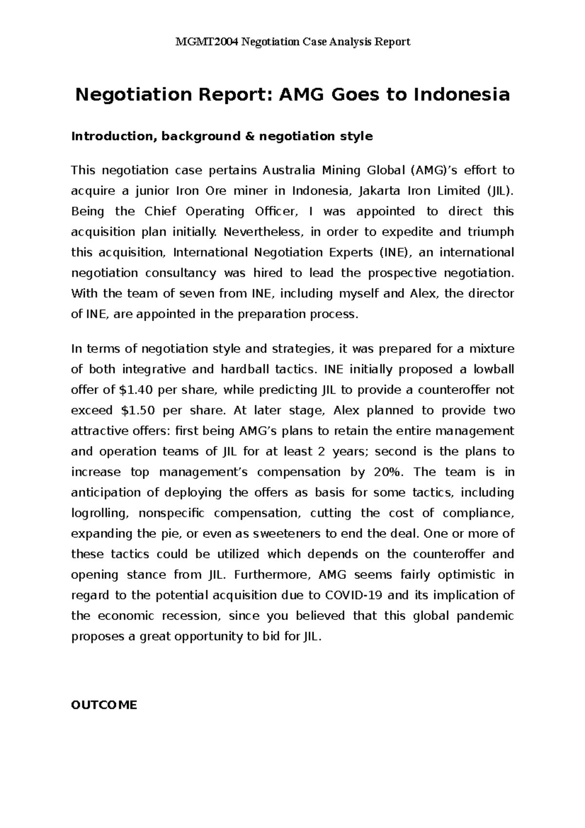 MGMT2004 Negotiation Case Analysis Report Negotiation Report AMG
