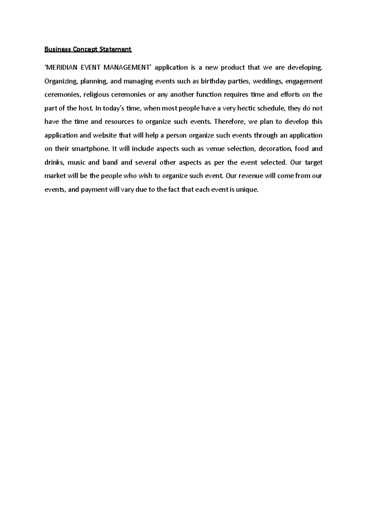 Business Concept statement Business Concept Statement ‘MERIDIAN EVENT