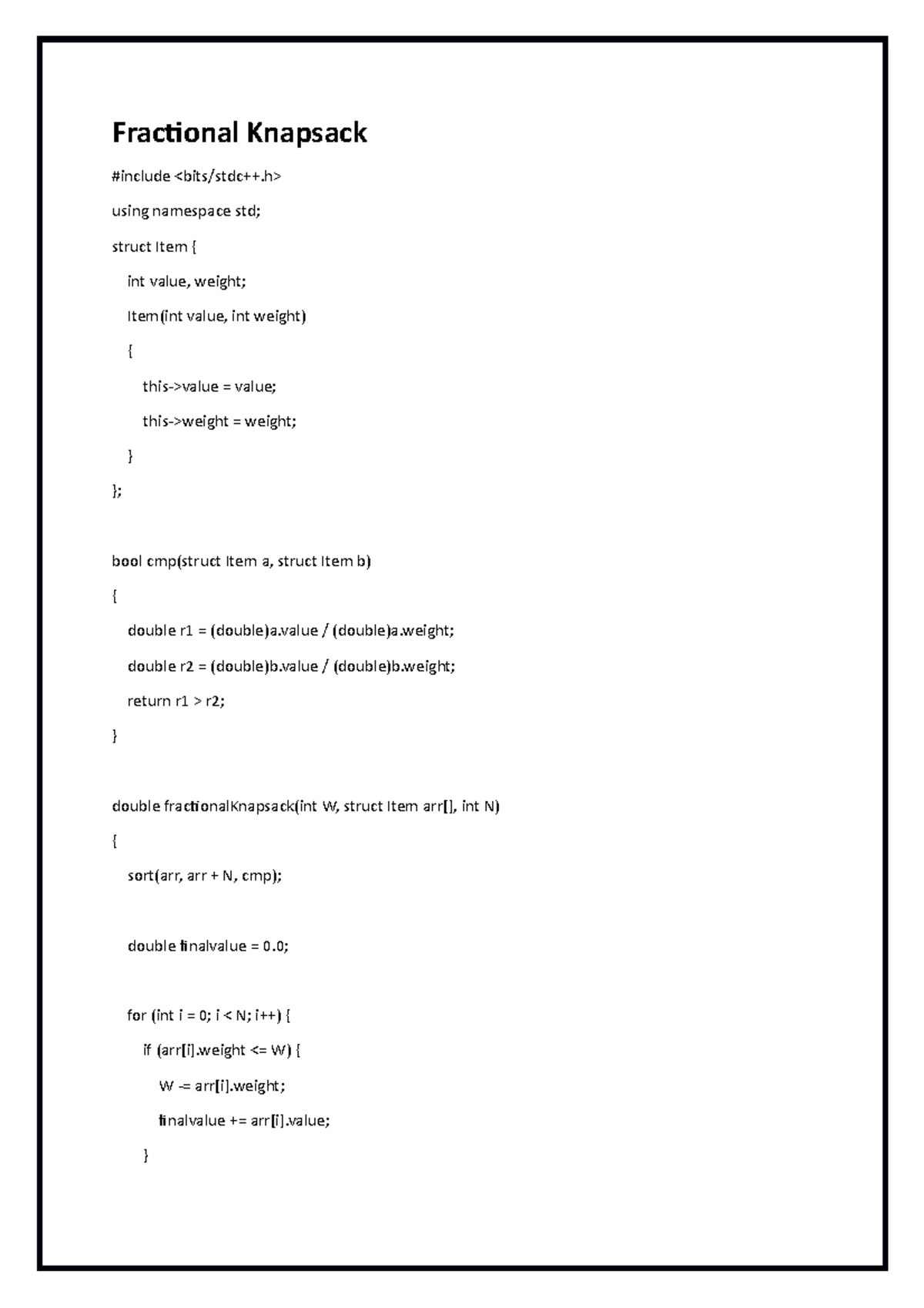 Design analysis and algorithms - Fractional Knapsack #include using ...