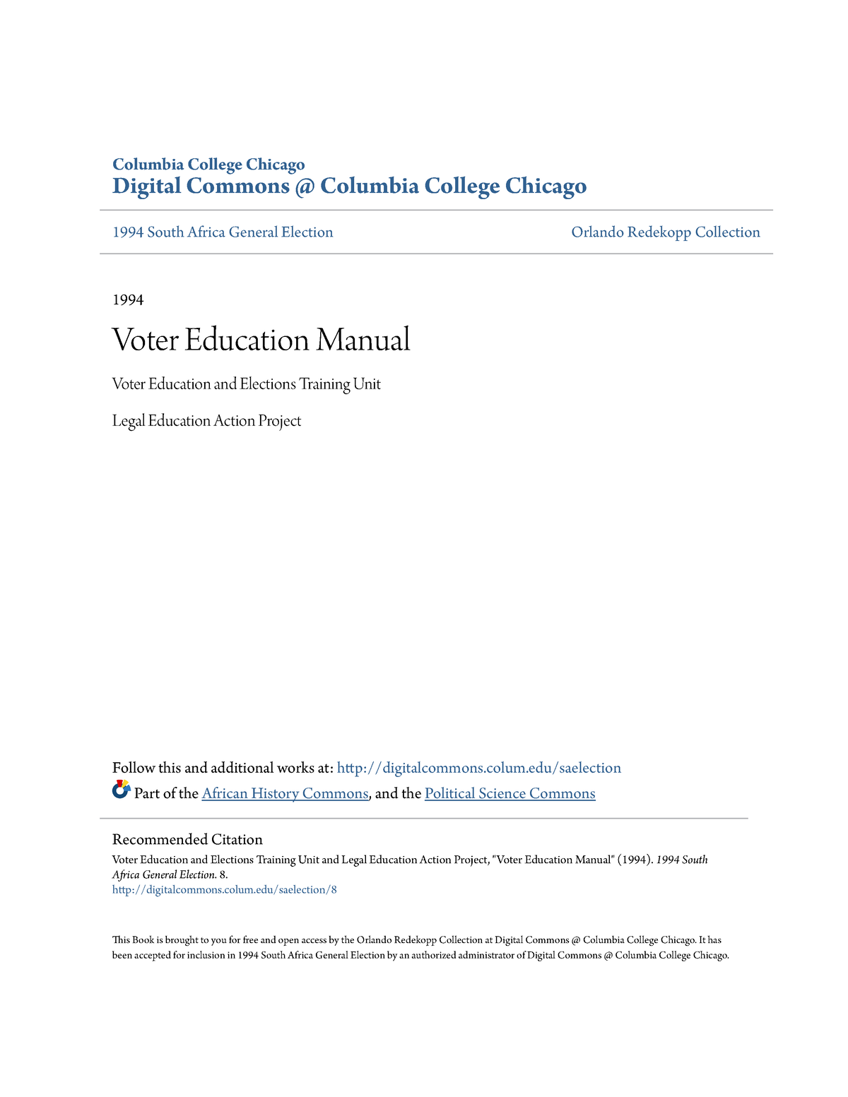 Voter Education Manual Columbia College Chicago Digital Commons