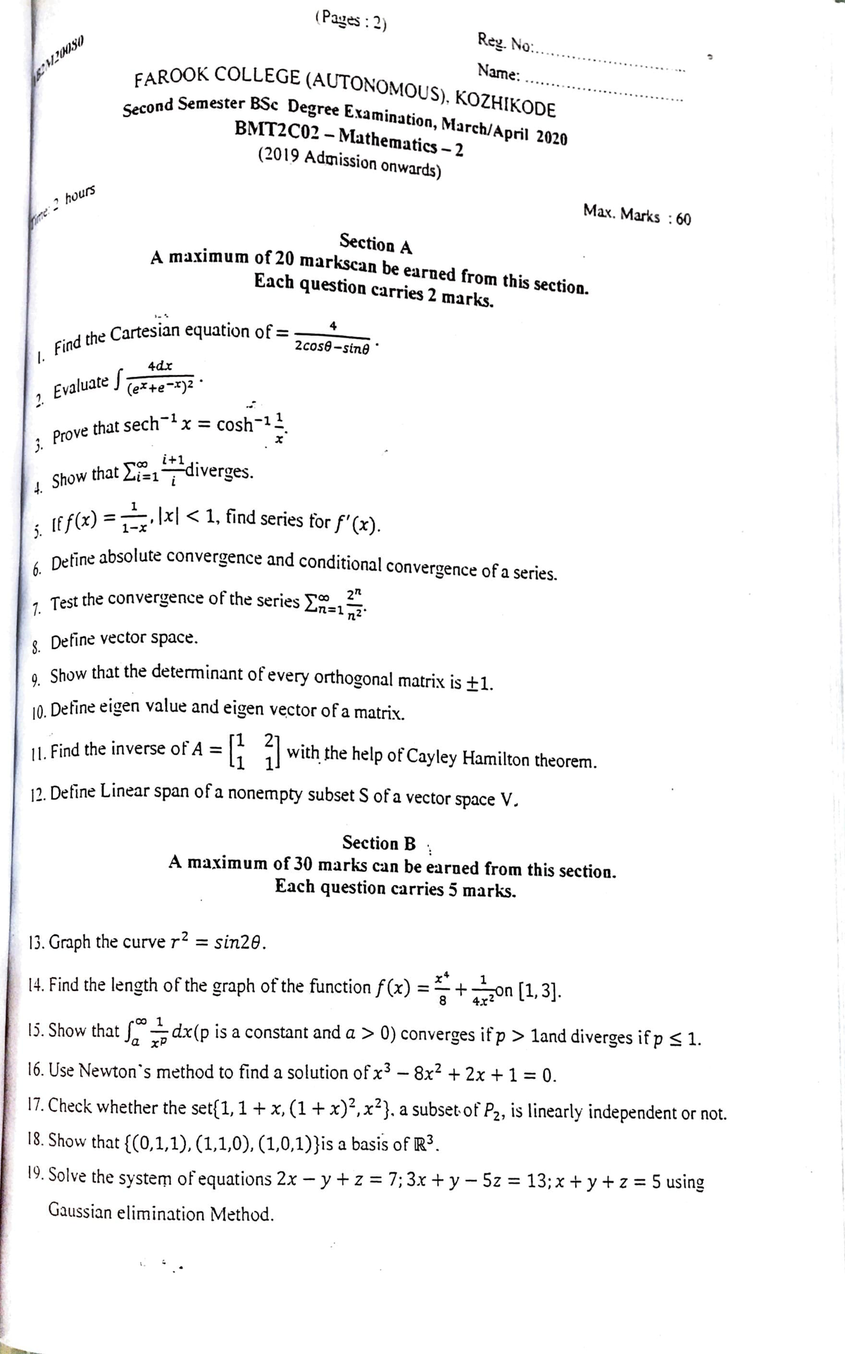 2020 mathematics 2 - Maths - Reg_ No: .. FAROOK COLLEGE (AUTONo~•o LVI ...