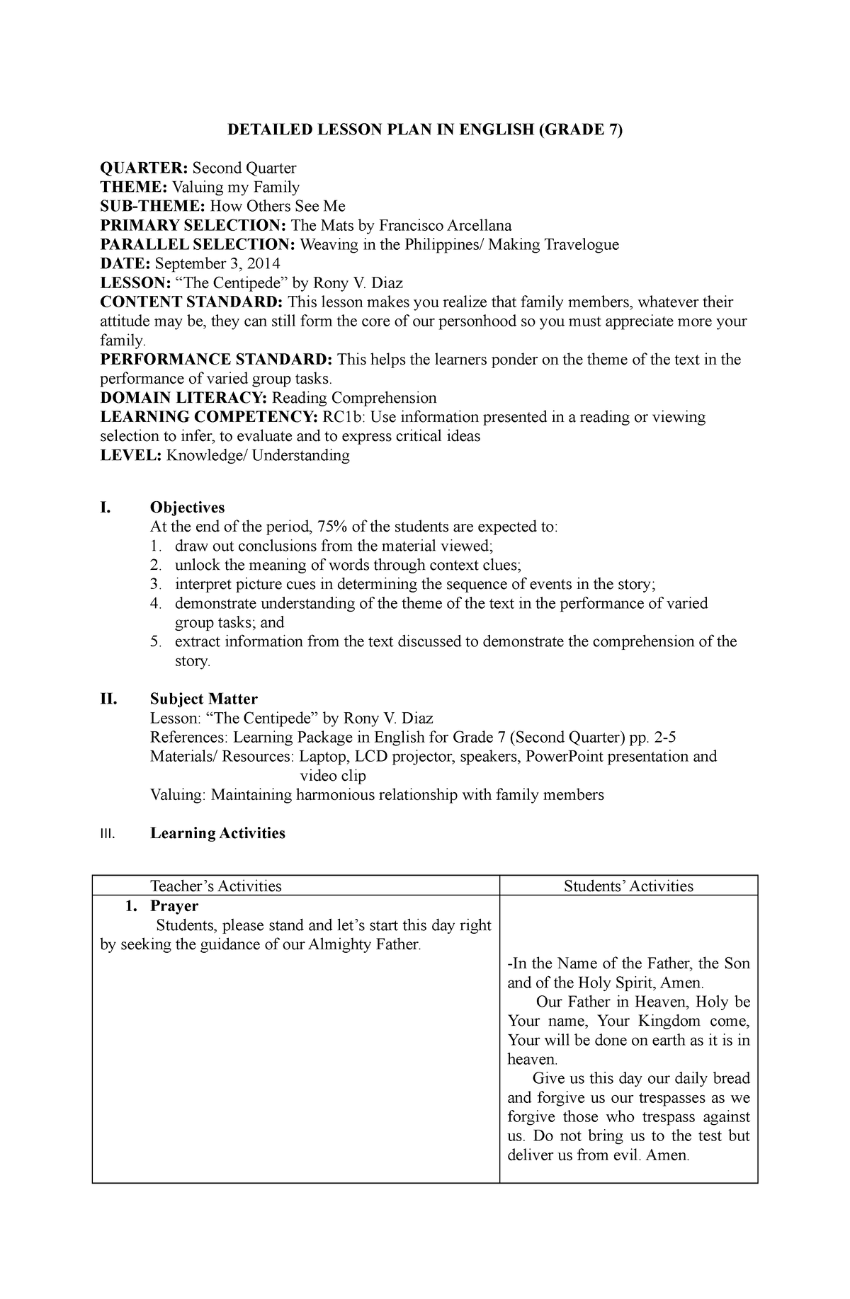 7es Lesson Plan Sample In English Grade 7