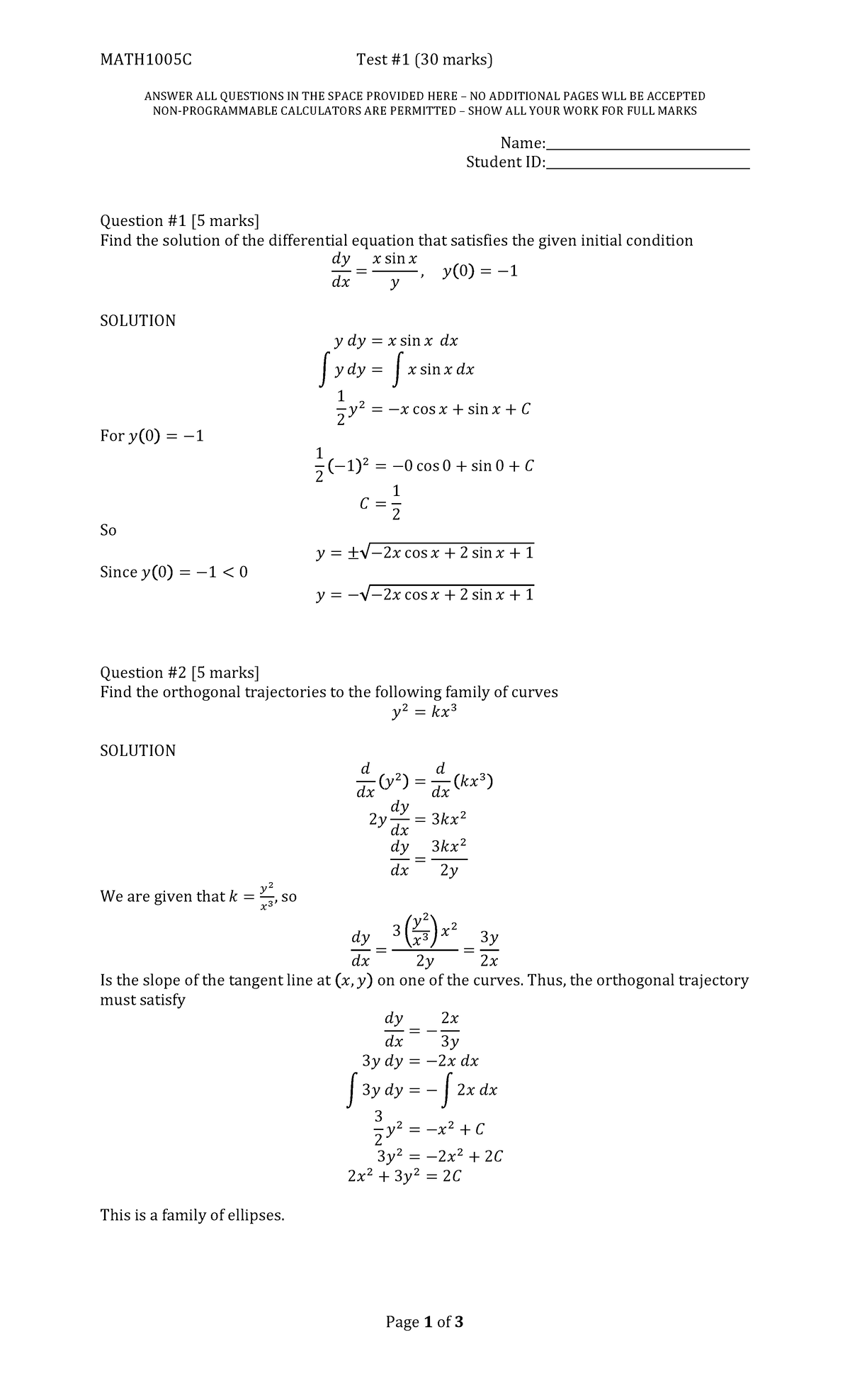 Test 1 questions and answer - MATH1005C Test #1 (30 marks) ANSWER ALL ...