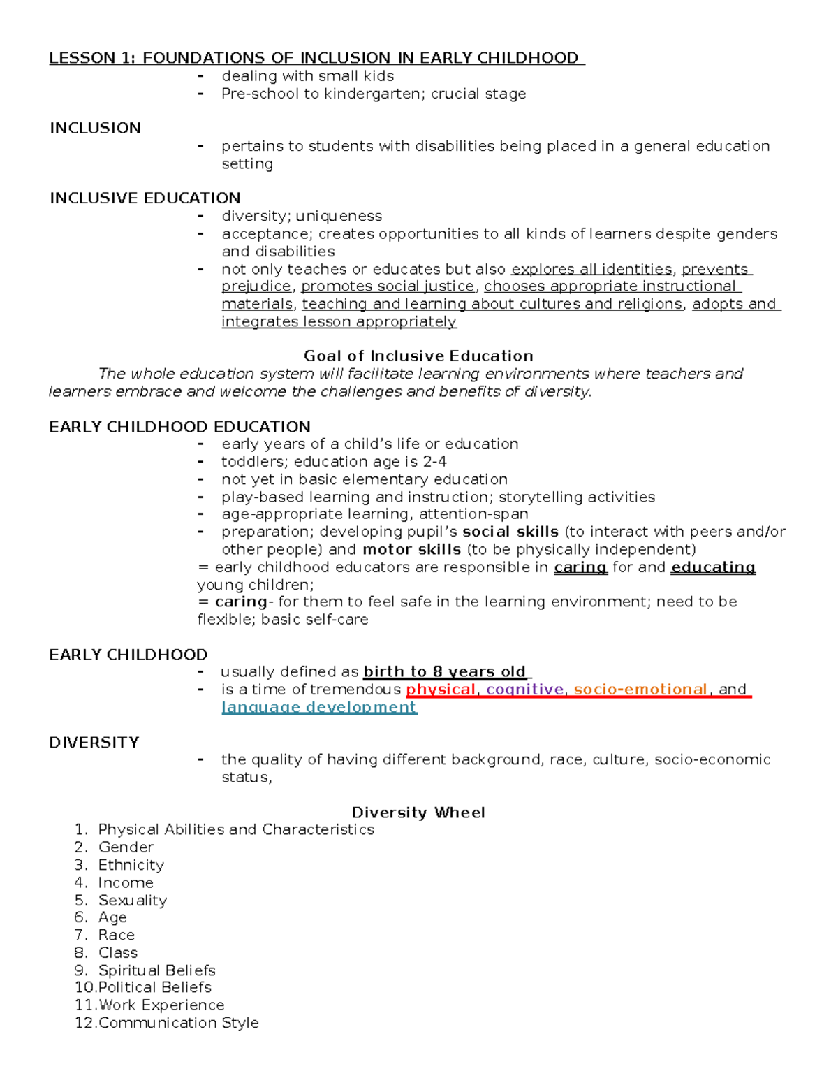 Midterm Study Notes just view LESSON 1 FOUNDATIONS OF INCLUSION IN EARLY CHILDHOOD dealing