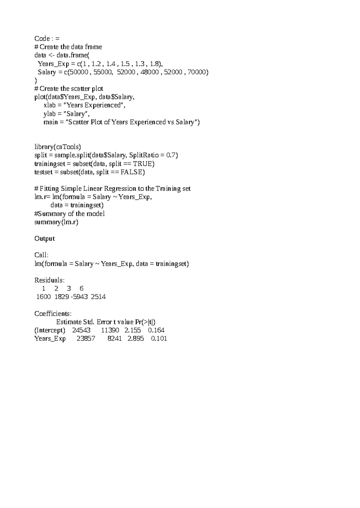 R Regression - Code : = Create the data frame data