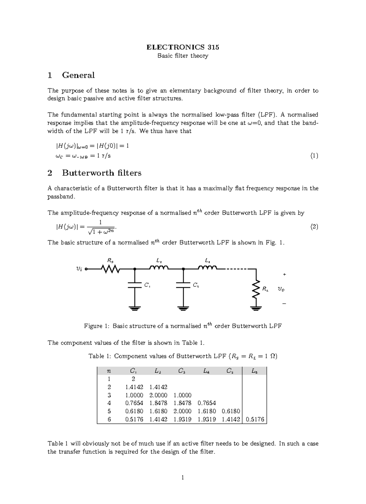 Electrical Tech 311 Notes Filter Theory ELECTRONICS 315 Basic