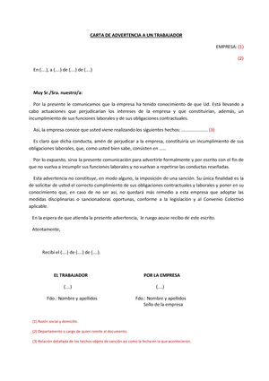 Carta Advertencia Trabajador - CARTA DE ADVERTENCIA A UN TRABAJADOR  EMPRESA: (1) (2) En (....), a - Studocu