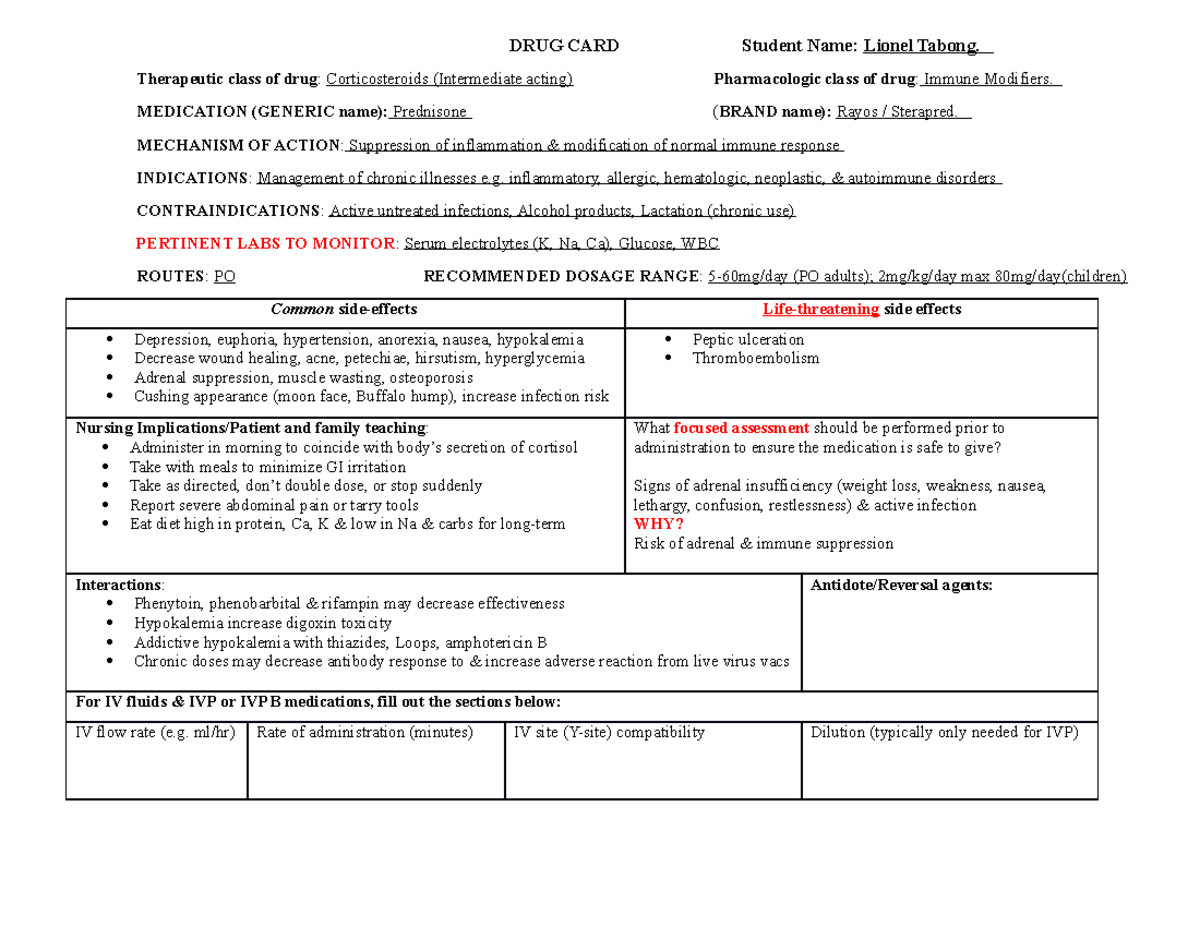 Prednisone Drug Card DRUG CARD Student Name Lionel Tabong. Therapeutic class of drug Studocu