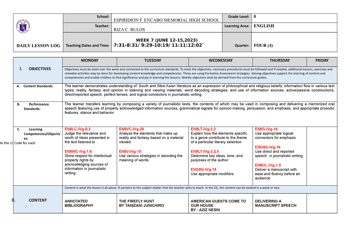 Daily Lesson LOG WEEK 8 - English 10 DLL - DAILY LESSON LOG School ...