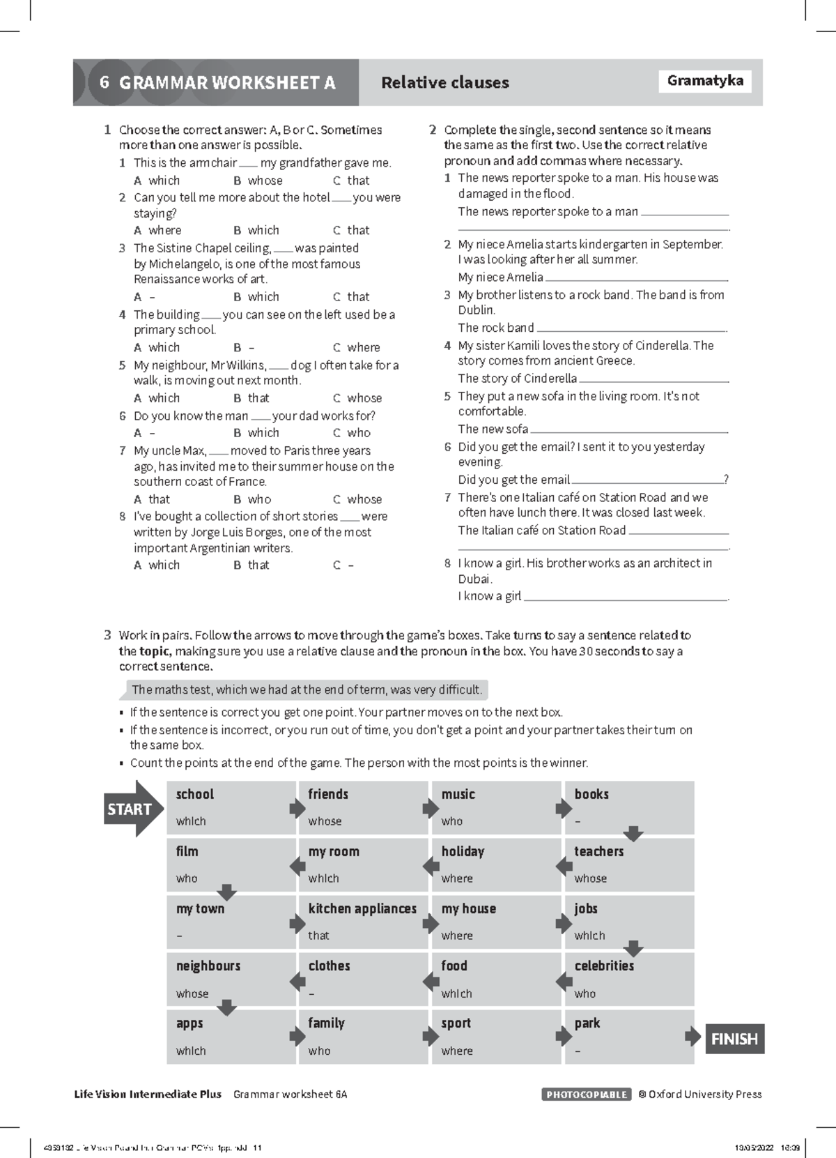 Life Vision Int Plus Gram Worksheet A U6 Life Vision Intermediate