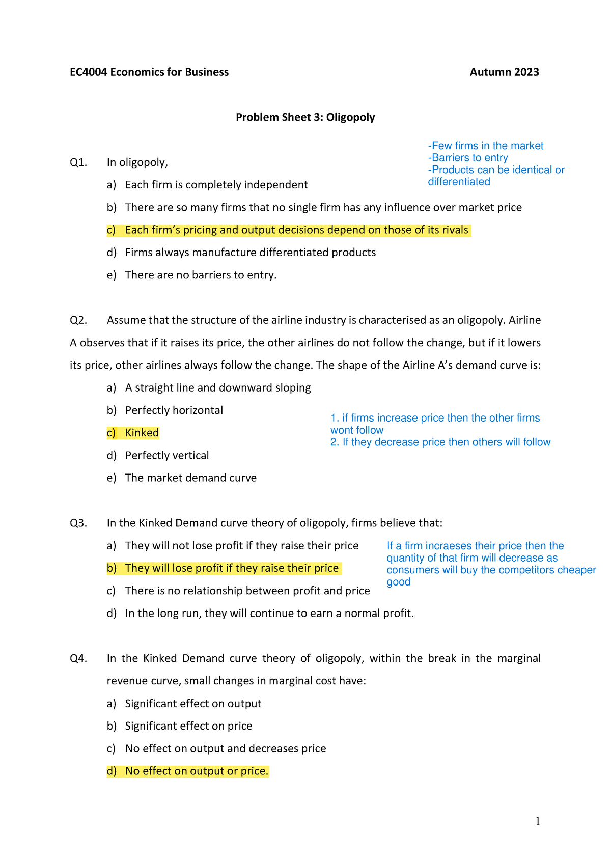 EC4004 Tutorial Problem Set Week 4 - 1 EC4004 Economics For Business ...