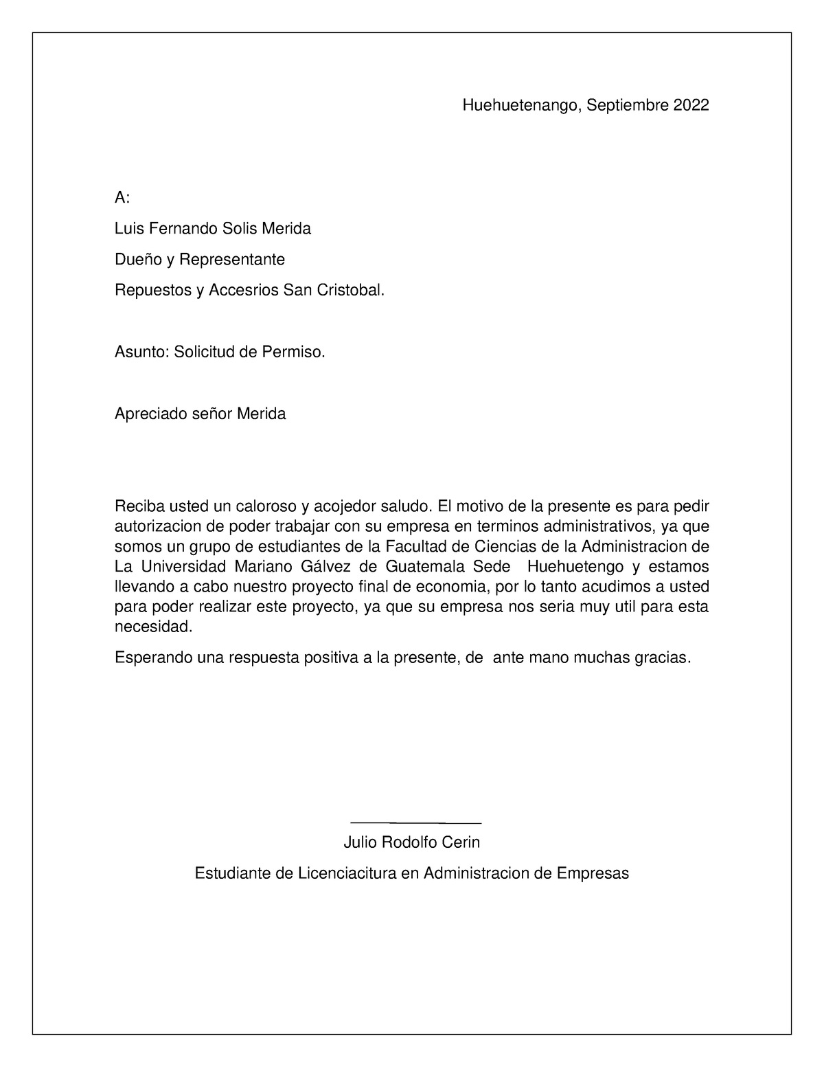 Carta de solicitud Huehuetenango - Huehuetenango, Septiembre 2022 A ...