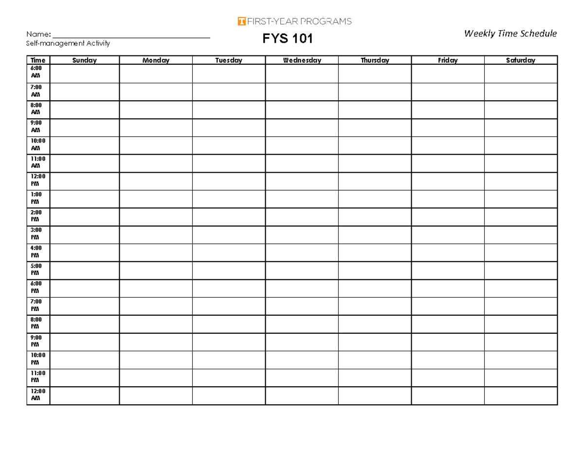 Weekly Calendar FYS 2020 first year study - Name