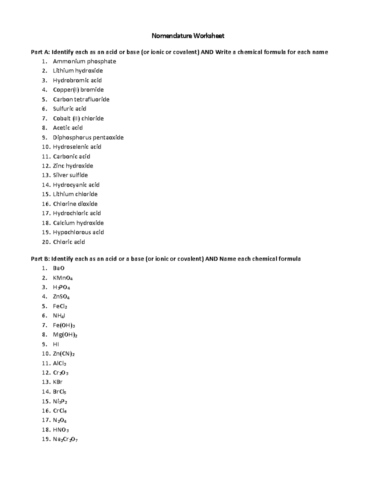 Nomenclature Worksheet Nomenclature Worksheet Part A Identify Each