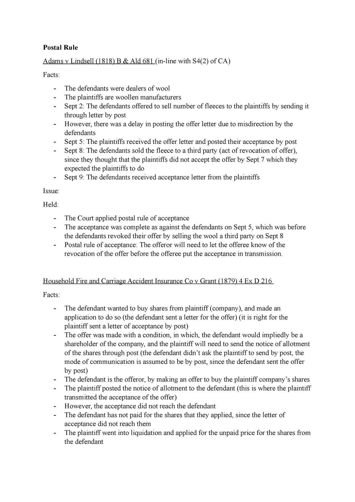 Postal Rule Cases - Postal Rule Adams V Lindsell (1818) B & Ald 681 (in ...