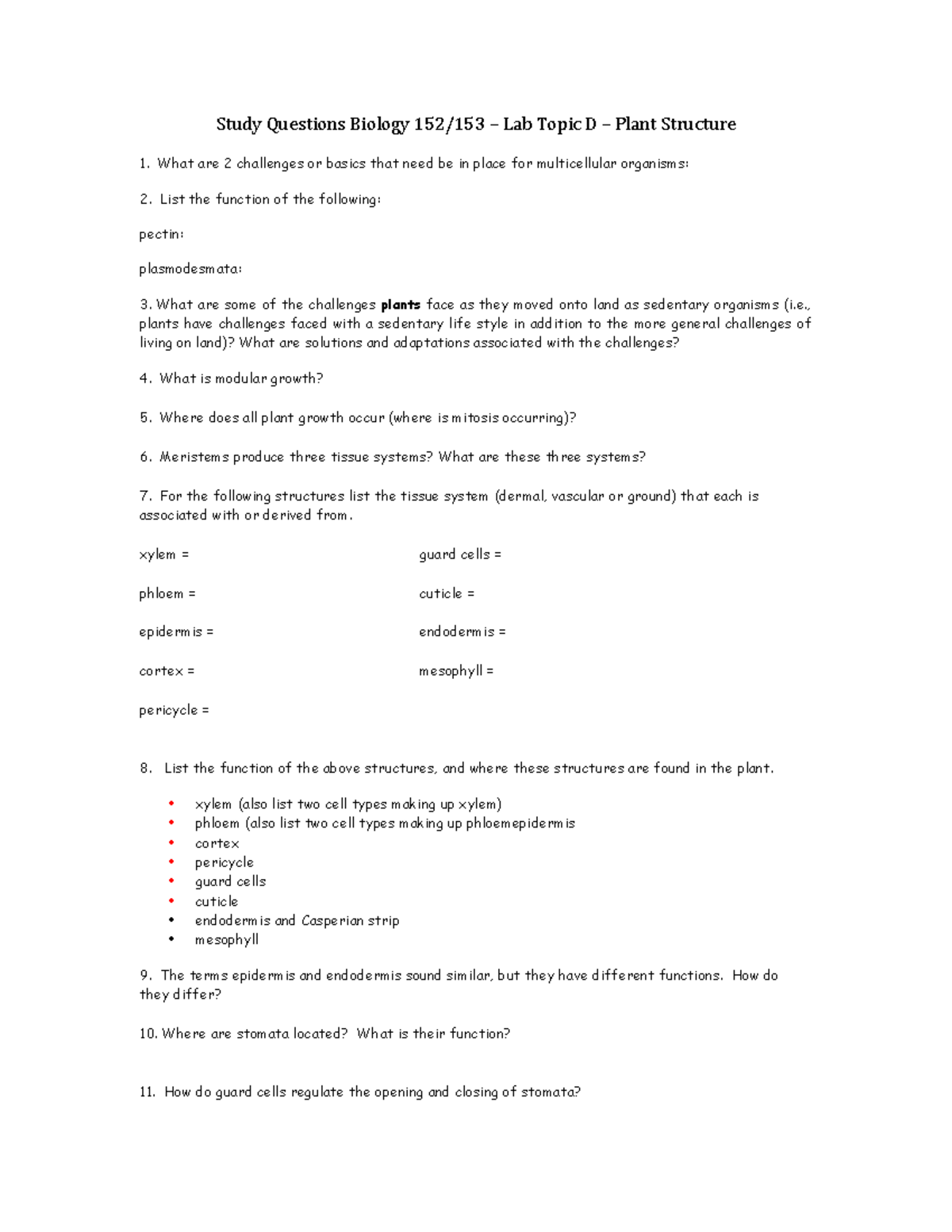 Study Questions Plant Structure Study Questions Biology 152/153 Lab
