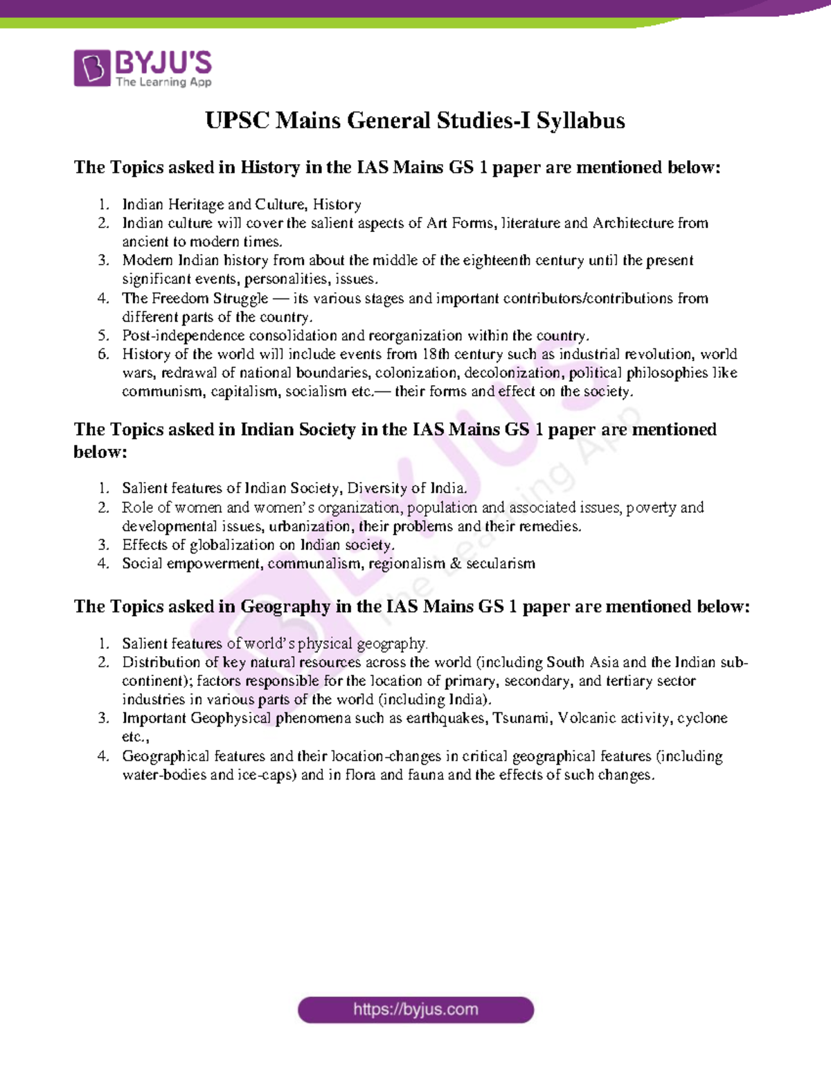 UPSC Mains GS 1 Syllabus - UPSC Mains General Studies-I Syllabus The ...