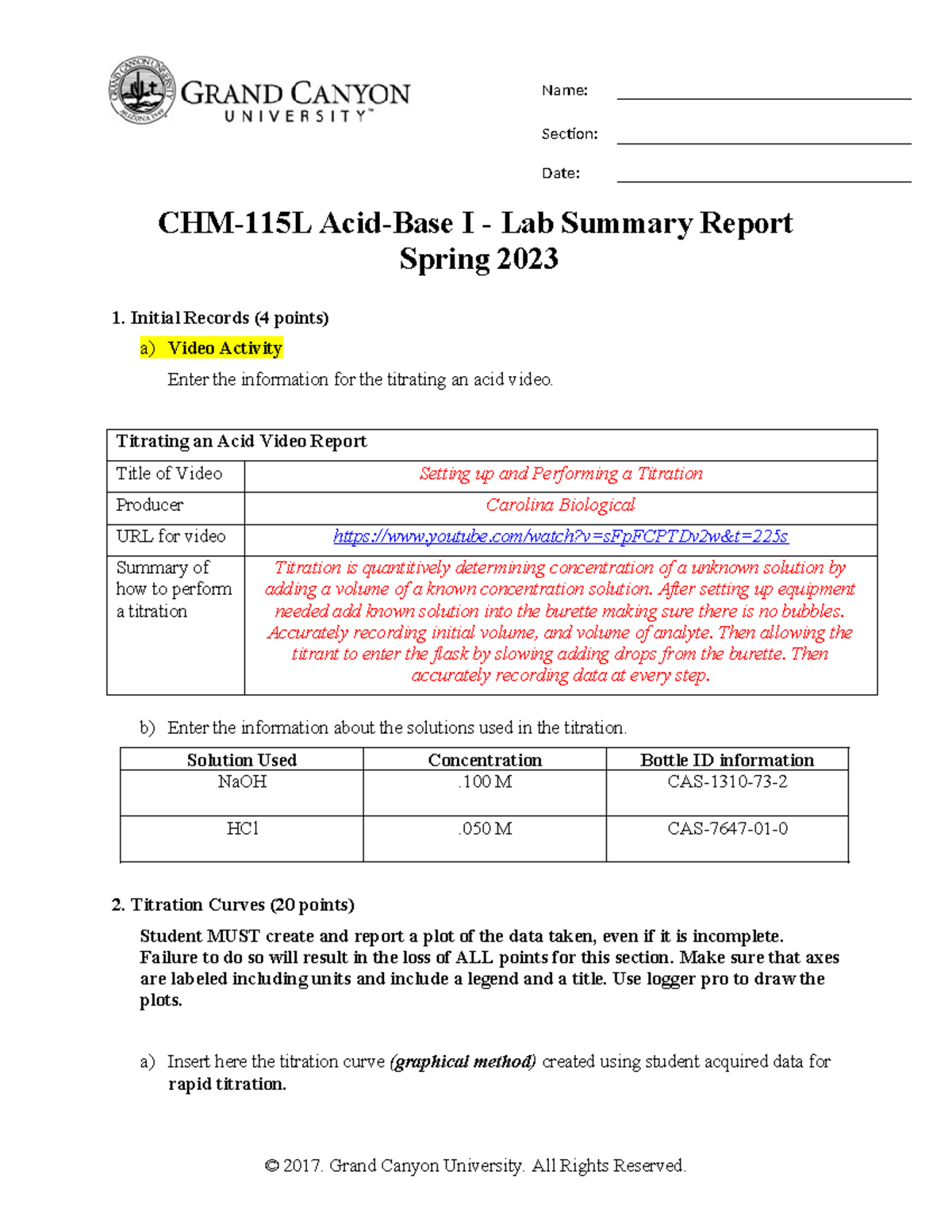 Acid and Base I Data for acid and base lab 1 Section Date CHM