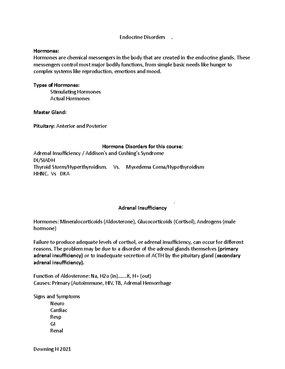 Endocrine Student Outline - Endocrine Disorders Hormones: Hormones are ...